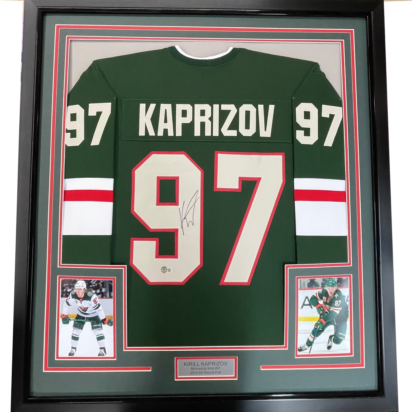 Framed Autographed/Signed Kirill Kaprizov 35x39 Minnesota Green Hockey Jersey Beckett BAS COA