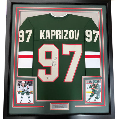 Framed Autographed/Signed Kirill Kaprizov 35x39 Minnesota Green Hockey Jersey Beckett BAS COA