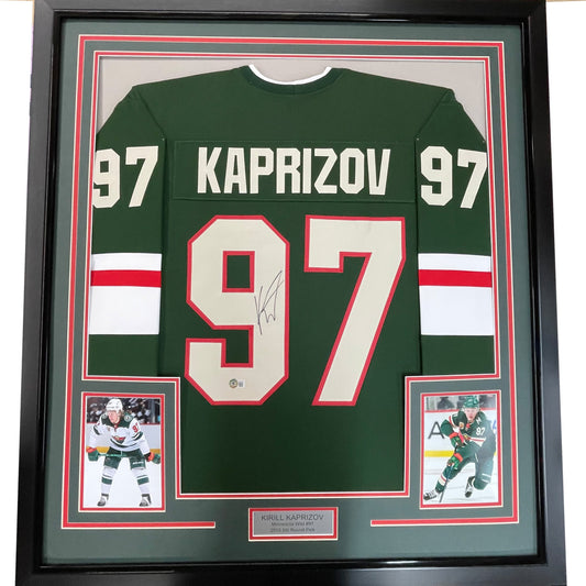 Framed Autographed/Signed Kirill Kaprizov 35x39 Minnesota Green Hockey Jersey Beckett BAS COA