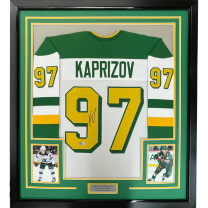Framed Autographed/Signed Kirill Kaprizov 35x39 Minnesota White Retro Hockey Jersey Beckett BAS COA