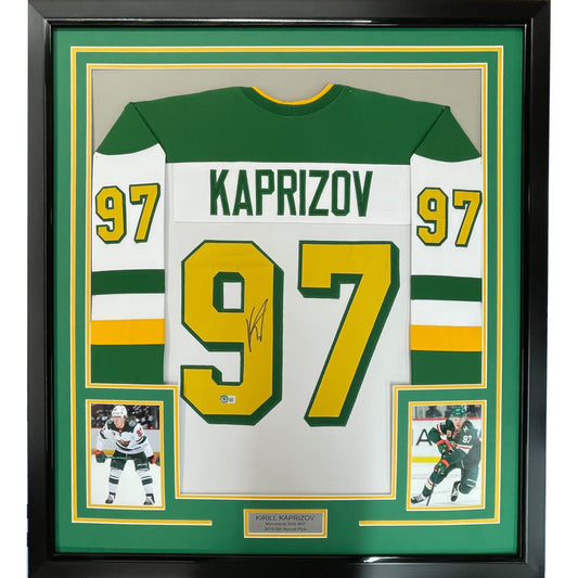 Framed Autographed/Signed Kirill Kaprizov 35x39 Minnesota White Retro Hockey Jersey Beckett BAS COA