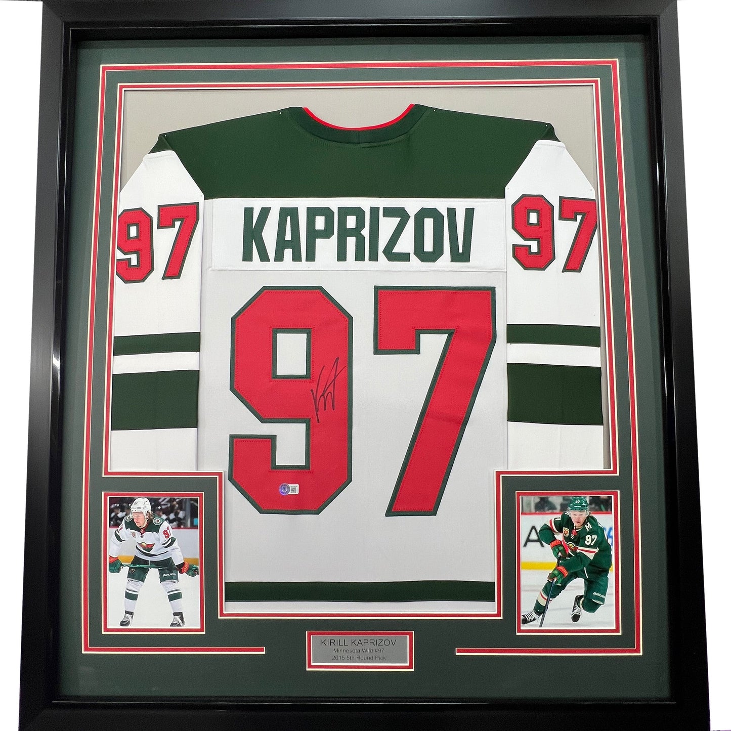 Framed Autographed/Signed Kirill Kaprizov 35x39 Minnesota White Hockey Jersey Beckett BAS COA