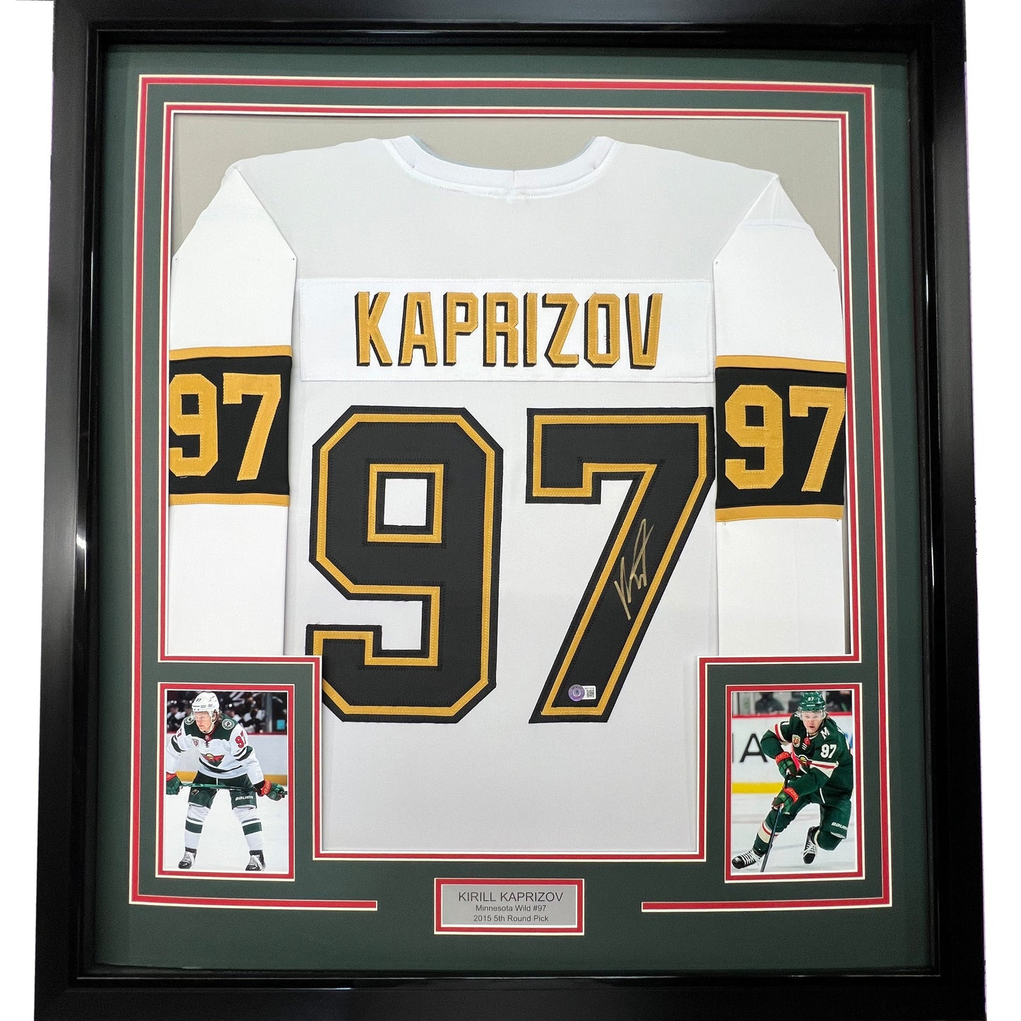 Framed Autographed/Signed Kirill Kaprizov 35x39 Minnesota White/Gold Hockey Jersey Beckett BAS COA