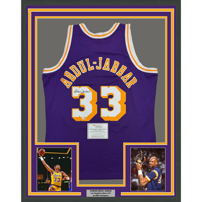 Framed Autographed/Signed Kareem Abdul-Jabbar 35x39 Los Angeles Lakers Mitchell & Ness Purple Basketball Jersey Fanatics COA