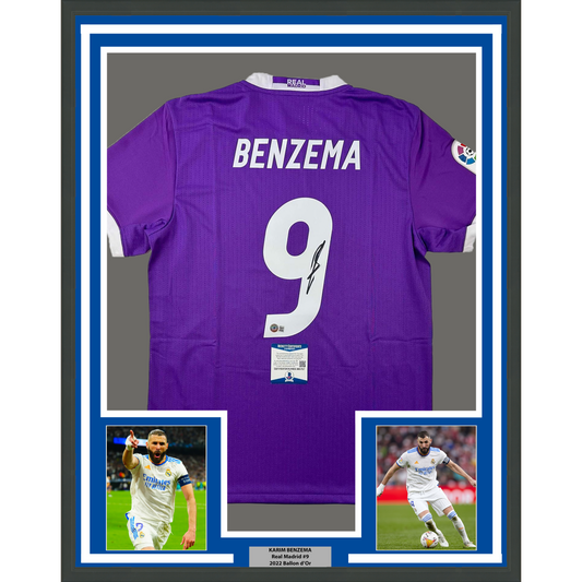 Framed Autographed/Signed Karim Benzema Real Madrid 35x39 2016-17 Purple Soccer Jersey Beckett BAS COA