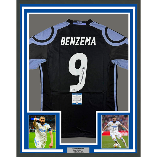 Framed Autographed/Signed Karim Benzema 35x39 Real Madrid 2016-17 Black Soccer Jersey Beckett BAS COA