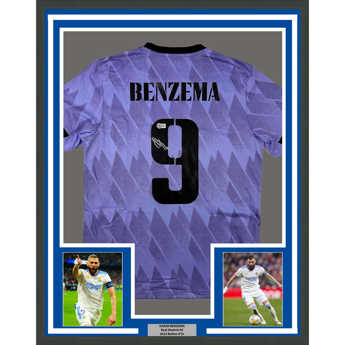 Framed Autographed/Signed Karim Benzema 35x39 Real Madrid 2022-23 Purple Soccer Jersey Beckett BAS COA