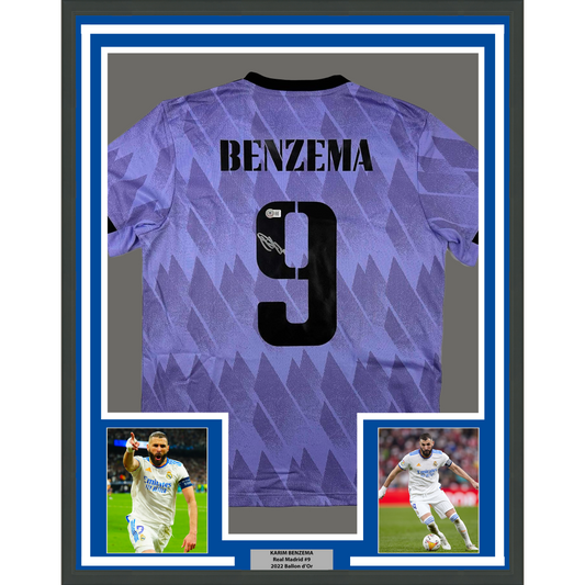 Framed Autographed/Signed Karim Benzema 35x39 Real Madrid 2022-23 Purple Soccer Jersey Beckett BAS COA