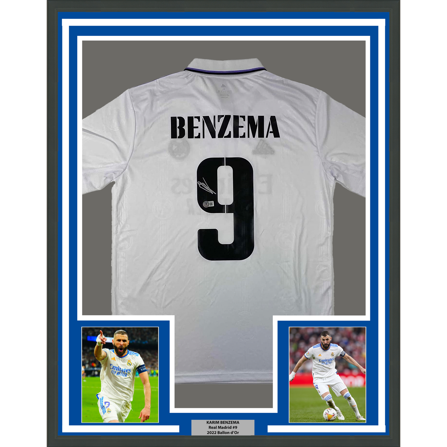 Framed Autographed/Signed Karim Benzema 35x39 Real Madrid 2022-23 White Soccer Jersey Beckett BAS COA