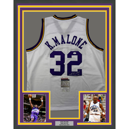 Framed Autographed/Signed Karl Malone 35x39 Utah White Retro Basketball Jersey JSA COA