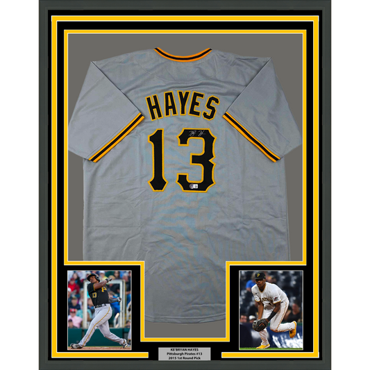 Framed Autographed/Signed Ke'Bryan Hayes 35x39 Pittsburgh Grey Baseball Jersey Beckett BAS COA