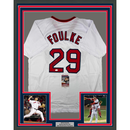 Framed Autographed/Signed Keith Foulke 35x39 Boston White Baseball Jersey JSA COA