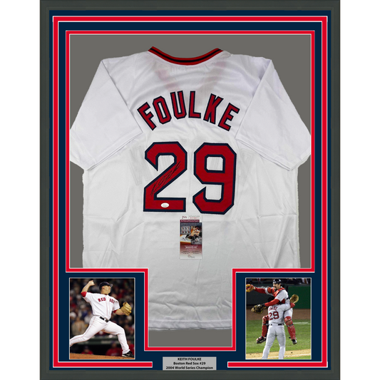 Framed Autographed/Signed Keith Foulke 35x39 Boston White Baseball Jersey JSA COA
