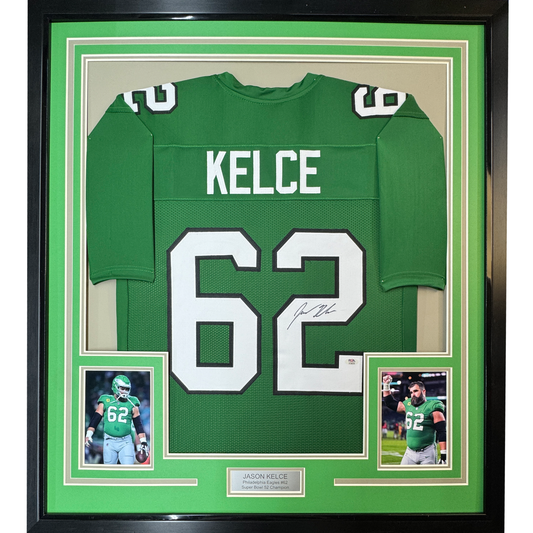 Framed Autographed/Signed Jason Kelce 35x39 Philadelphia Kelly Green Football Jersey PSA/DNA COA