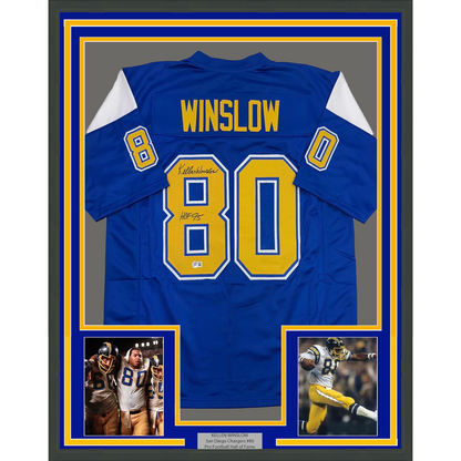 Framed Autographed/Signed Kellen Winslow 35x39 HOF 95 San Diego Chargers Blue/Yellow Football Jersey Beckett BAS COA