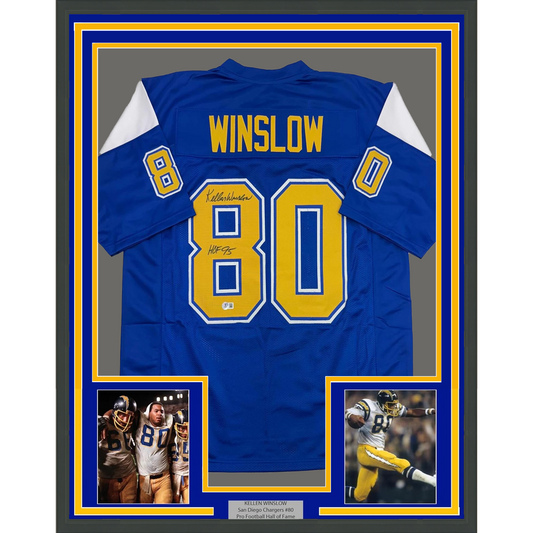 Framed Autographed/Signed Kellen Winslow 35x39 HOF 95 San Diego Chargers Blue/Yellow Football Jersey Beckett BAS COA
