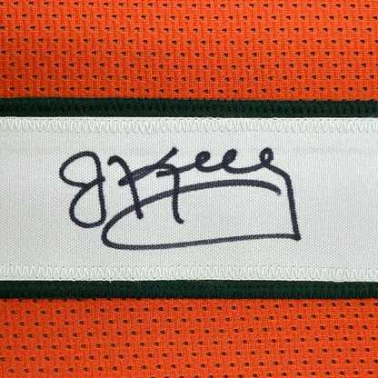 Framed Autographed/Signed Jim Kelly 35x39 Miami Hurricanes Orange College Football Jersey JSA COA