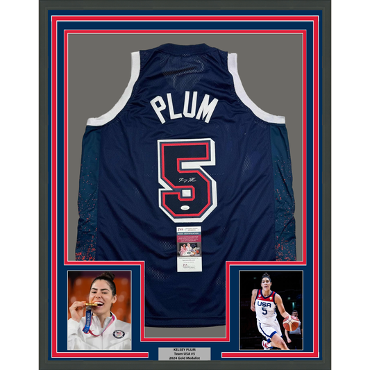 Framed Autographed/Signed Kelsey Plum 35x39 USA Olympics Blue Basketball Jersey JSA COA