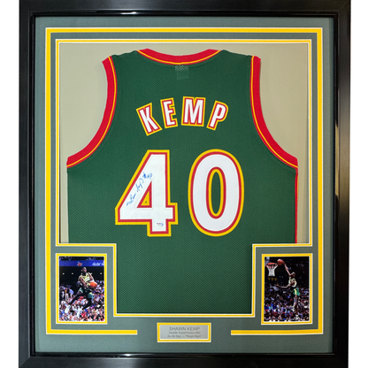 Framed Autographed/Signed Shawn Kemp 35x39 Seattle Dark Green Basketball Jersey PSA/DNA COA