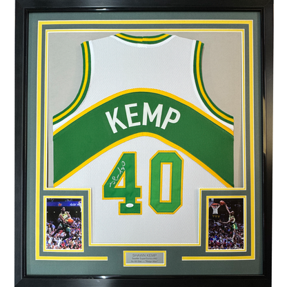 Framed Autographed/Signed Shawn Kemp 35x39 Seattle White Basketball Jersey JSA COA
