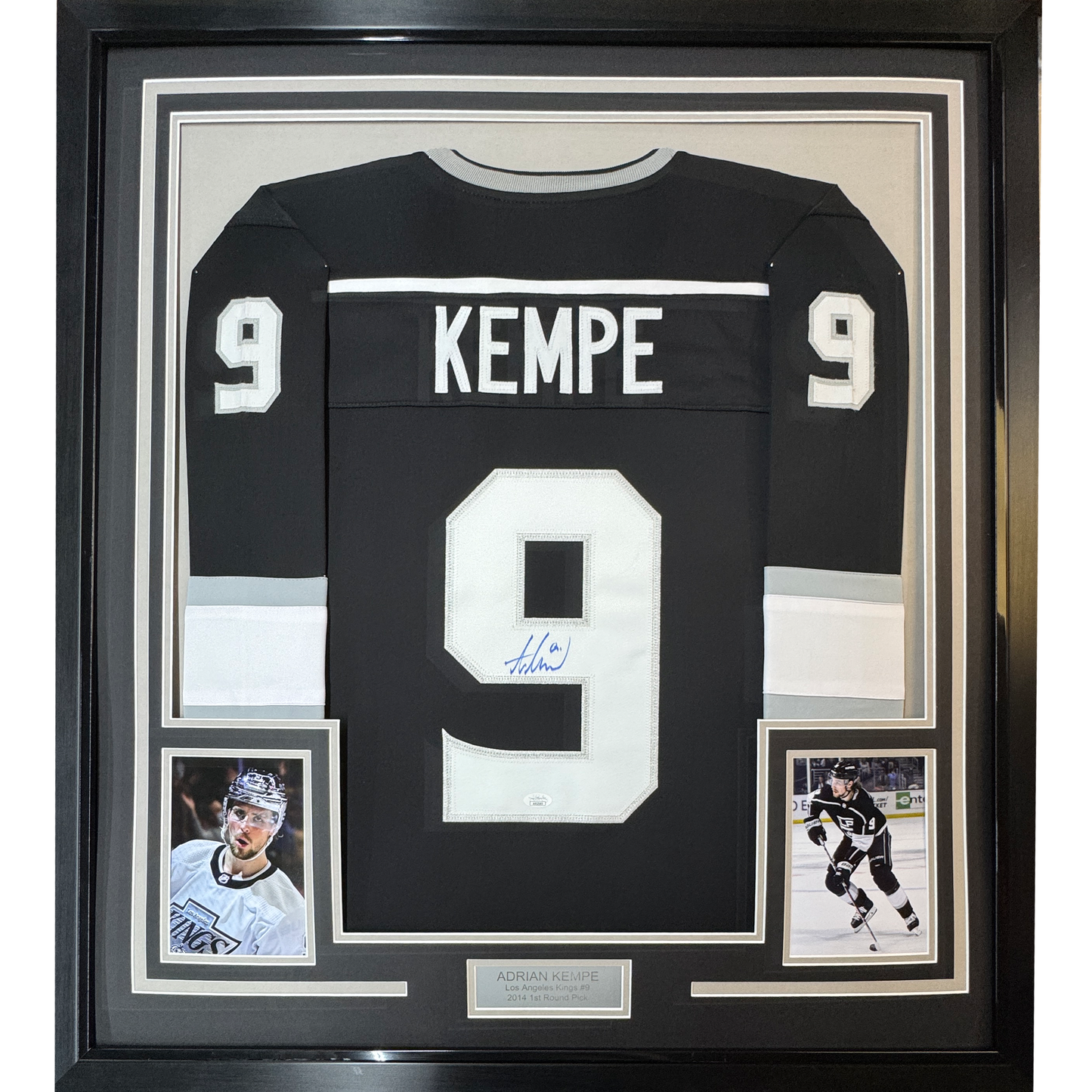 Framed Autographed/Signed Adrian Kempe 35x39 Los Angeles LA Black Hockey Jersey JSA COA