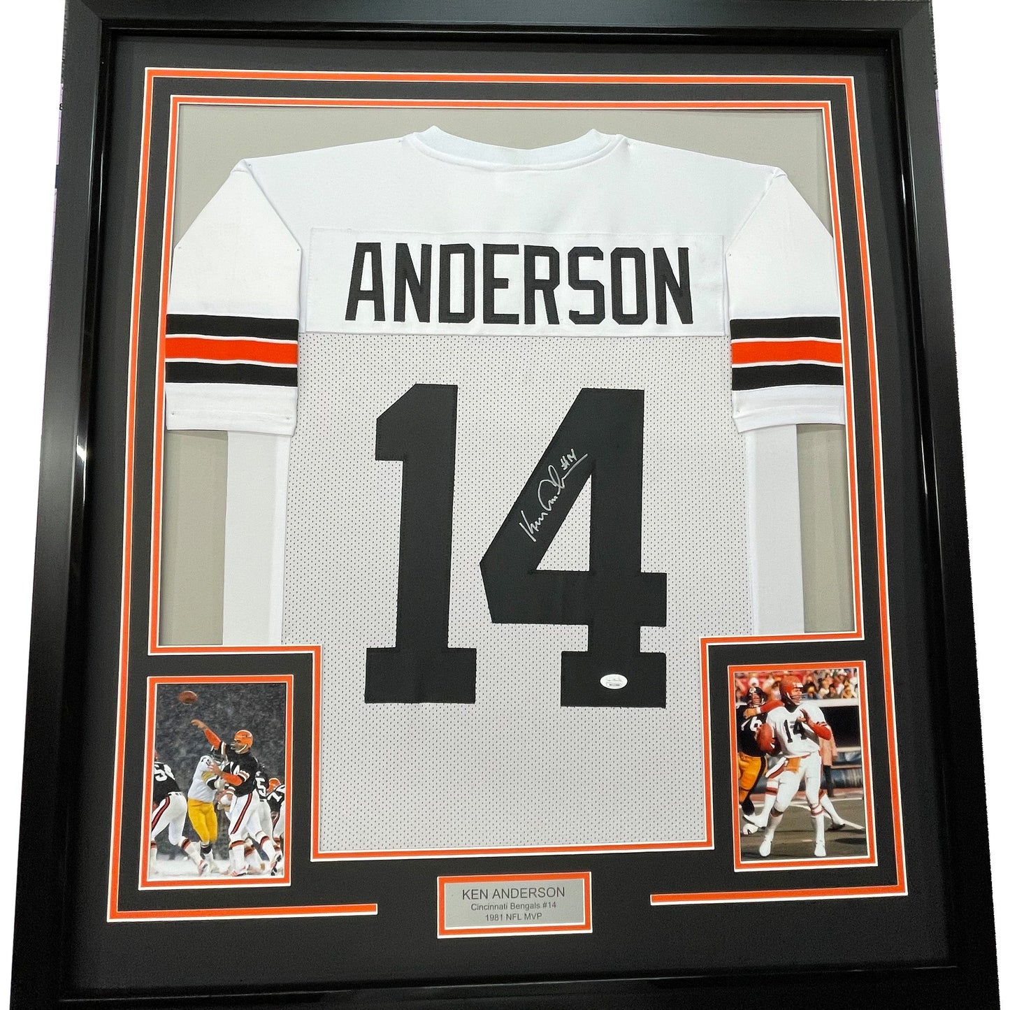 Framed Autographed/Signed Ken Anderson 35x39 Cincinnati White Football Jersey JSA COA