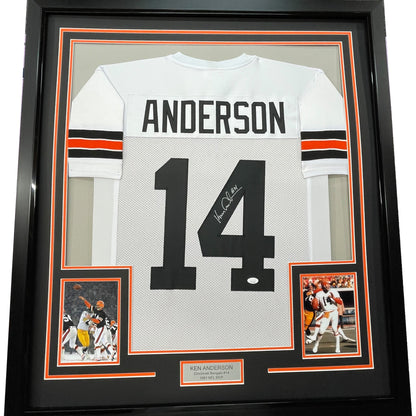 Framed Autographed/Signed Ken Anderson 35x39 Cincinnati White Football Jersey JSA COA