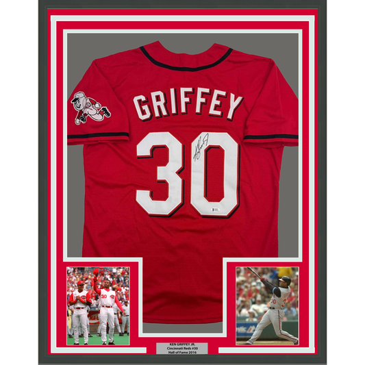 Framed Autographed/Signed Ken Griffey Jr. 35x39 Cincinnati Red Baseball Jersey Beckett BAS COA