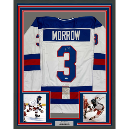 Framed Autographed/Signed Ken Morrow 35x39 1980 Miracle On Ice United States White Hockey Jersey JSA COA