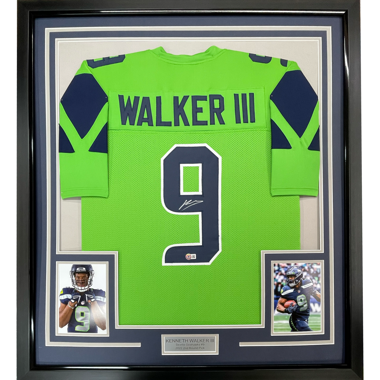 Framed Autographed/Signed Kenneth Walker 35x39 Seattle Green Football Jersey Beckett BAS COA