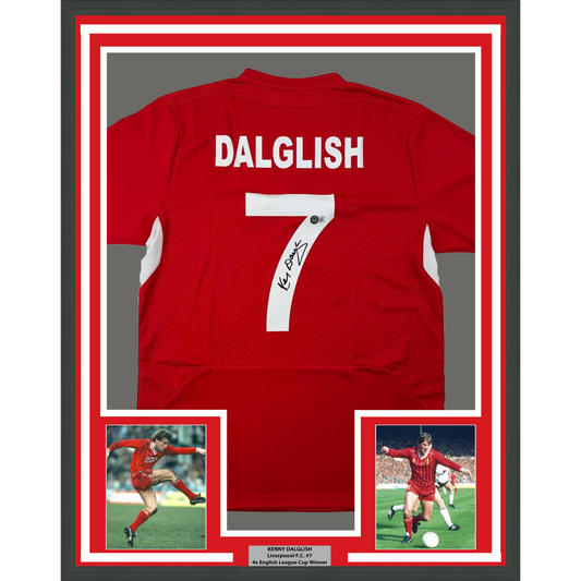 Framed Autographed/Signed Kenny Dalglish 35x39 Liverpool Red Carlsberg Soccer Jersey Beckett BAS COA