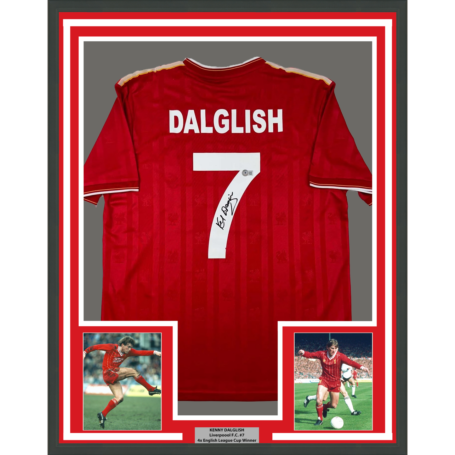 Framed Autographed/Signed Kenny Dalglish 35x39 Liverpool Red Crown Paints Soccer Jersey Beckett BAS COA