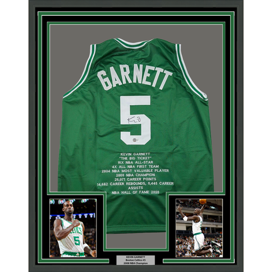 Framed Autographed/Signed Kevin Garnett 35x39 Boston Green Stat Basketball Jersey Beckett BAS COA