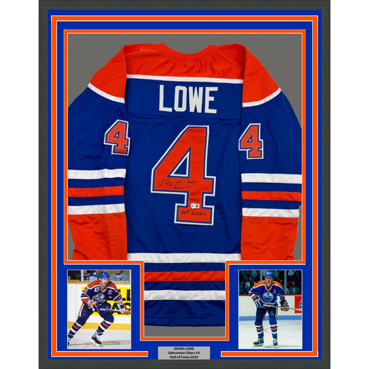 Framed Autographed/Signed Kevin Lowe 35x39 "HOF 2020" Edmonton Blue Hockey Jersey Beckett BAS COA