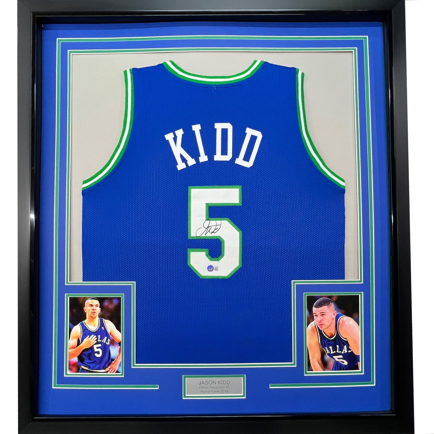 Framed Autographed/Signed Jason Kidd 35x39 Dallas Retro Blue Basketball Jersey Beckett BAS COA