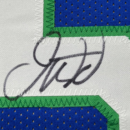 Framed Autographed/Signed Jason Kidd 35x39 Dallas Retro Blue Basketball Jersey Beckett BAS COA