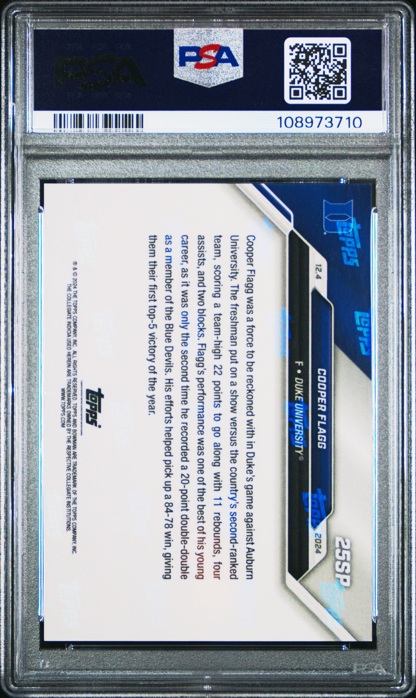 Graded 2024 Topps Bowman U Now Cooper Flagg #25SP Rookie RC Basketball Card PSA 10 Gem Mint