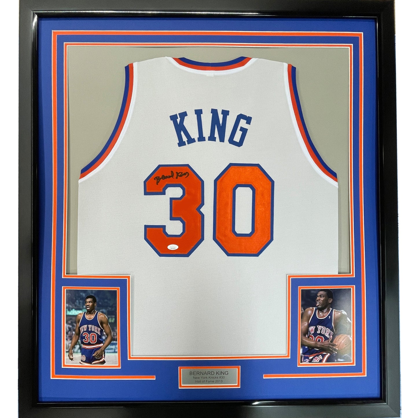 Framed Autographed/Signed Bernard King 35x39 New York White Basketball Jersey Beckett BAS COA