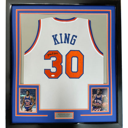 Framed Autographed/Signed Bernard King 35x39 New York White Basketball Jersey Beckett BAS COA