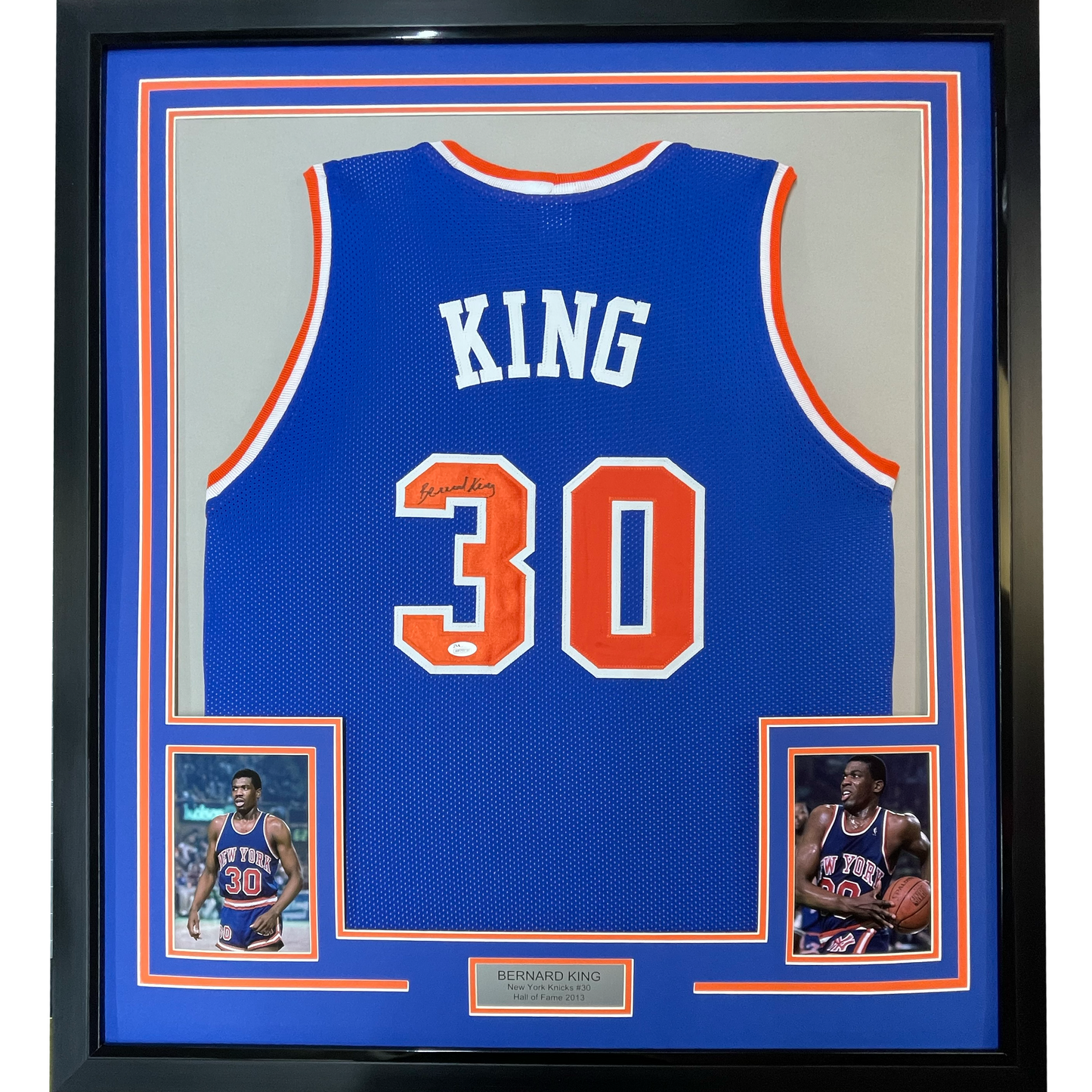 Framed Autographed/Signed Bernard King 35x39 New York Blue Basketball Jersey Beckett BAS COA