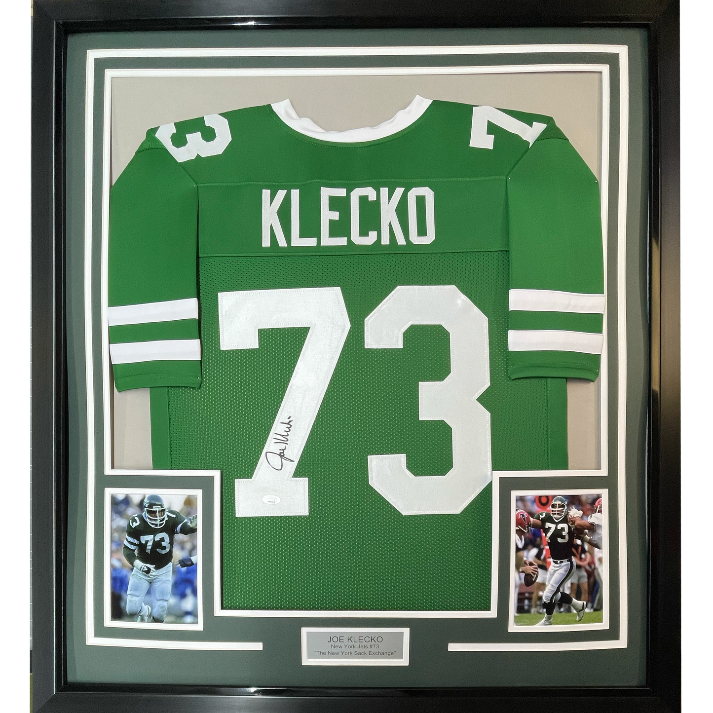Framed Autographed/Signed Joe Klecko 35x39 New York Green Football Jersey Beckett BAS COA