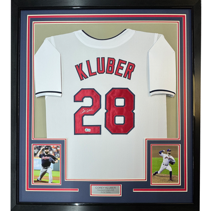 Framed Autographed/Signed Corey Kluber 35x39 Cleveland White Baseball Jersey Beckett BAS COA