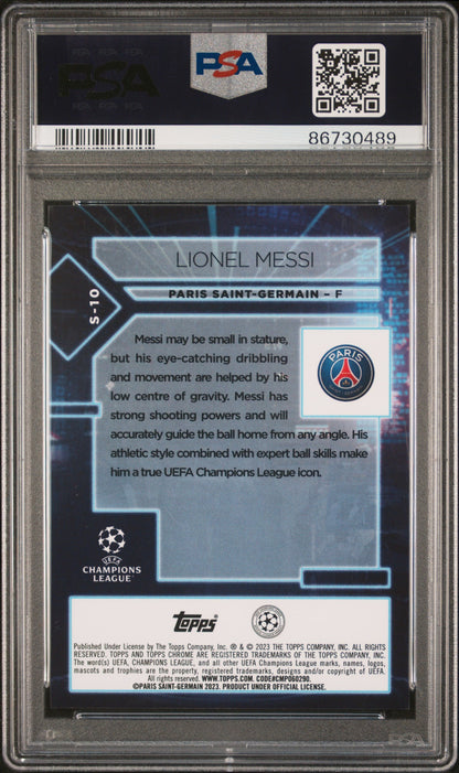 Graded 2022 Topps Chrome UCC Lionel Messi #S10 Specimen Soccer Card PSA 10 Gem Mint