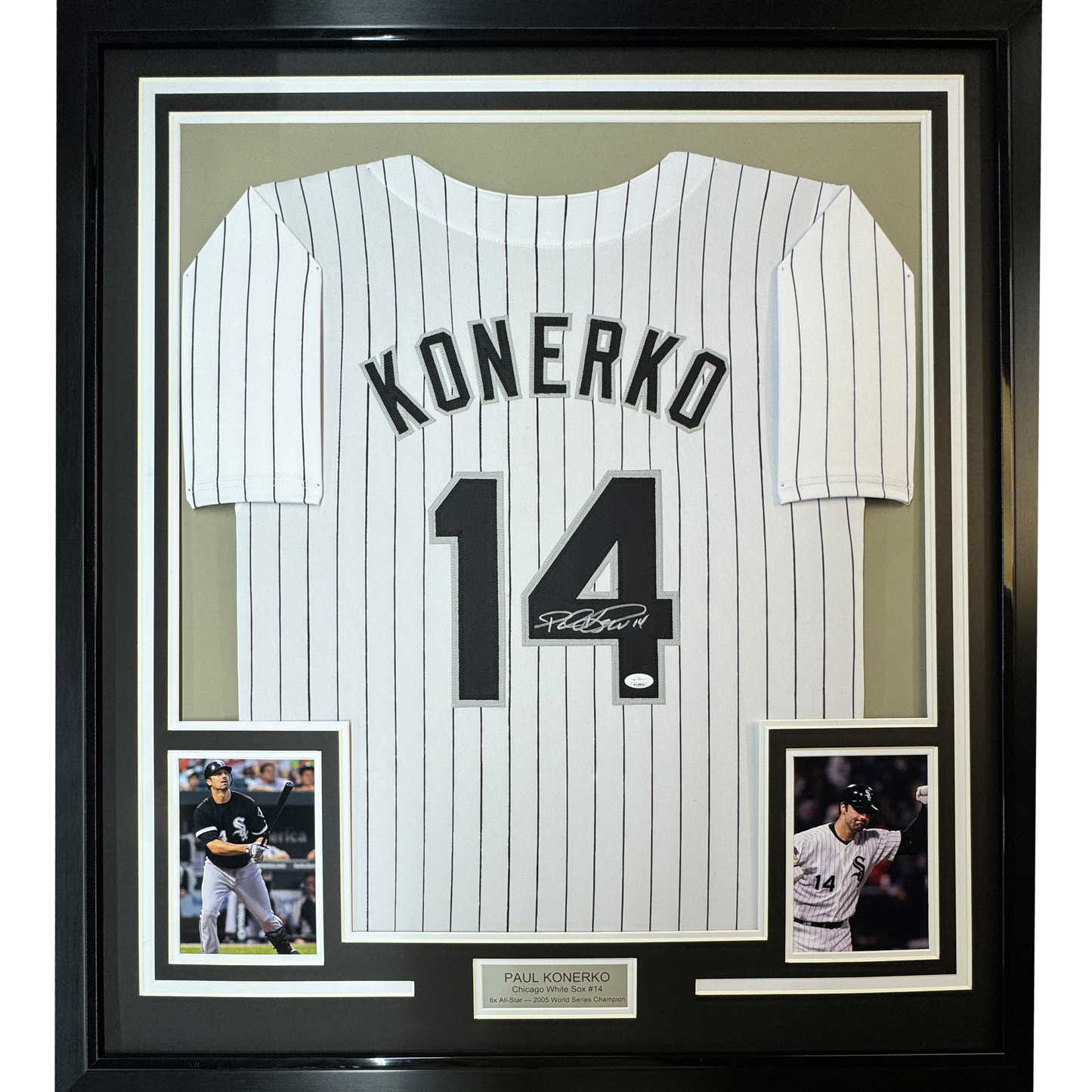 Framed Autographed/Signed Paul Konerko 35x39 Chicago Pinstripe Baseball Jersey JSA COA