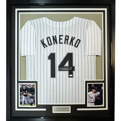 Framed Autographed/Signed Paul Konerko 35x39 Chicago Pinstripe Baseball Jersey JSA COA
