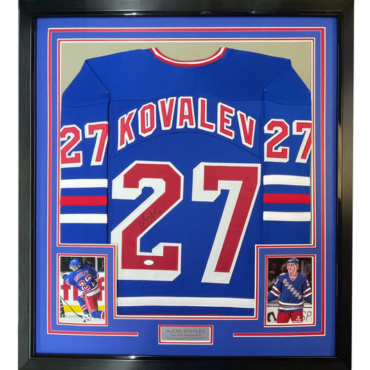 Framed Autographed/Signed Alexei Kovalev 35x39 New York Blue Hockey Jersey JSA COA