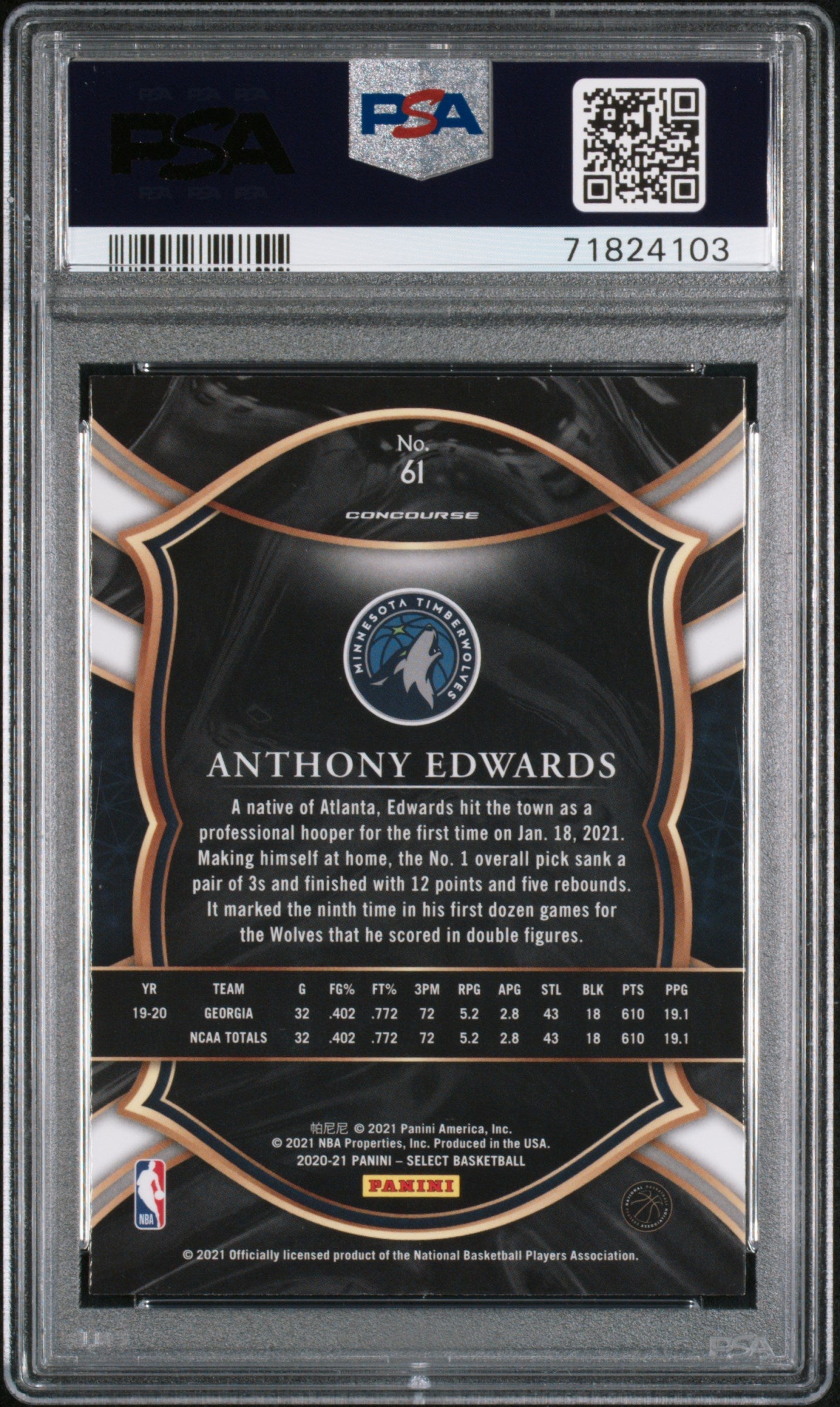 Graded 2020 Panini Select Anthony Edwards #61 Rookie RC Basketball Card PSA 10 Gem Mint