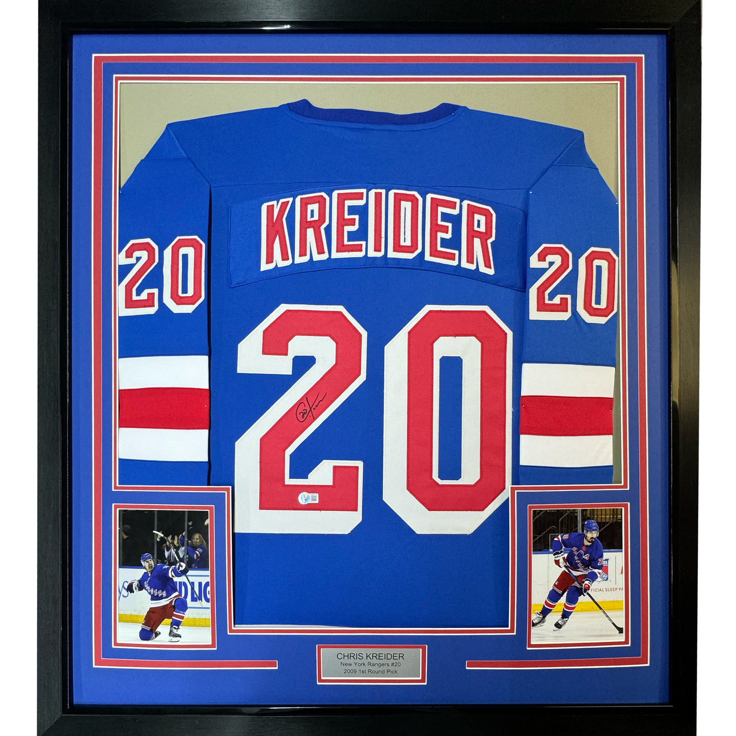 Framed Autographed/Signed Chris Kreider 35x39 New York Blue Hockey Jersey Beckett BAS COA