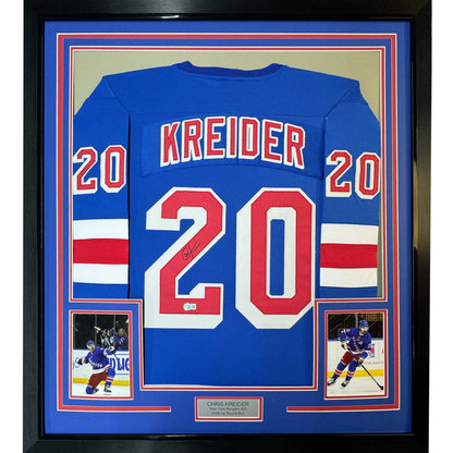 Framed Autographed/Signed Chris Kreider 35x39 New York Blue Hockey Jersey Beckett BAS COA