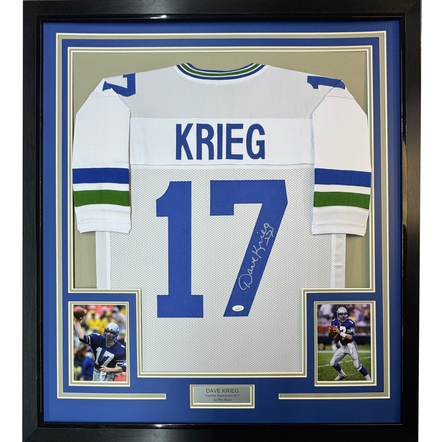 Framed Autographed/Signed David Krieg 35x39 Seattle White Football Jersey JSA COA
